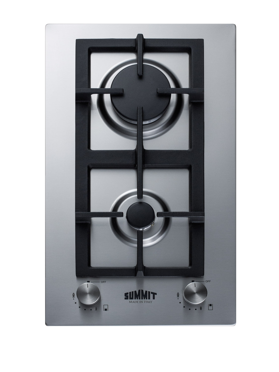 2-burner gas cooktop made in Italy with sealed burners, multiple heating outputs, a 304 grade stainless steel surface, and continuous cast iron grate